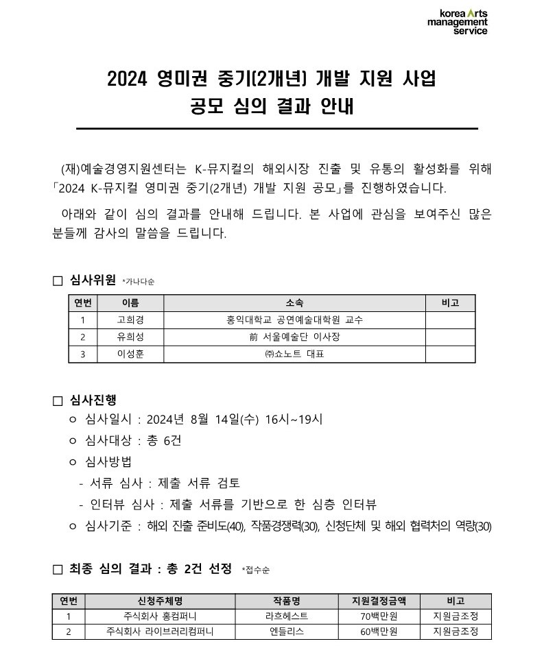 2024 K-뮤지컬 영미권 중기(2개년)지원 사업 공모 심사 결과 안내